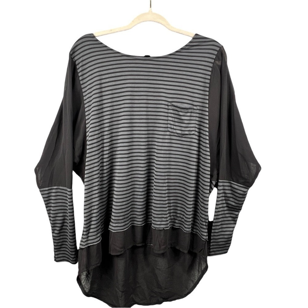 Seven7 Blouse Women's Large High Low Hem Gray Black  Sheer Sleeves Stripes